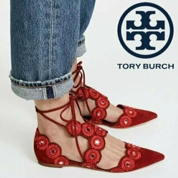 Tory Burch Yasmin D'Orsay Red Suede Flat Size 5